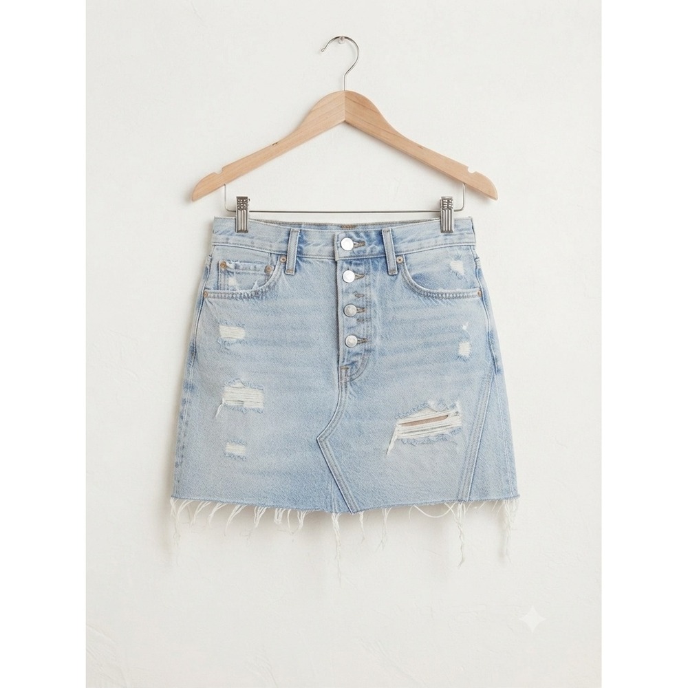 We The Free Denim Mini Skirt Womens 24 Light Wash Distressed Button Fly‎ Boho